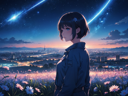 31074854-2084045070-anime girl, night, blue light behind her,  ((Galaxy, Lens flare)), short hair, flower field, night sky, cinematic shot. Wallpape.png